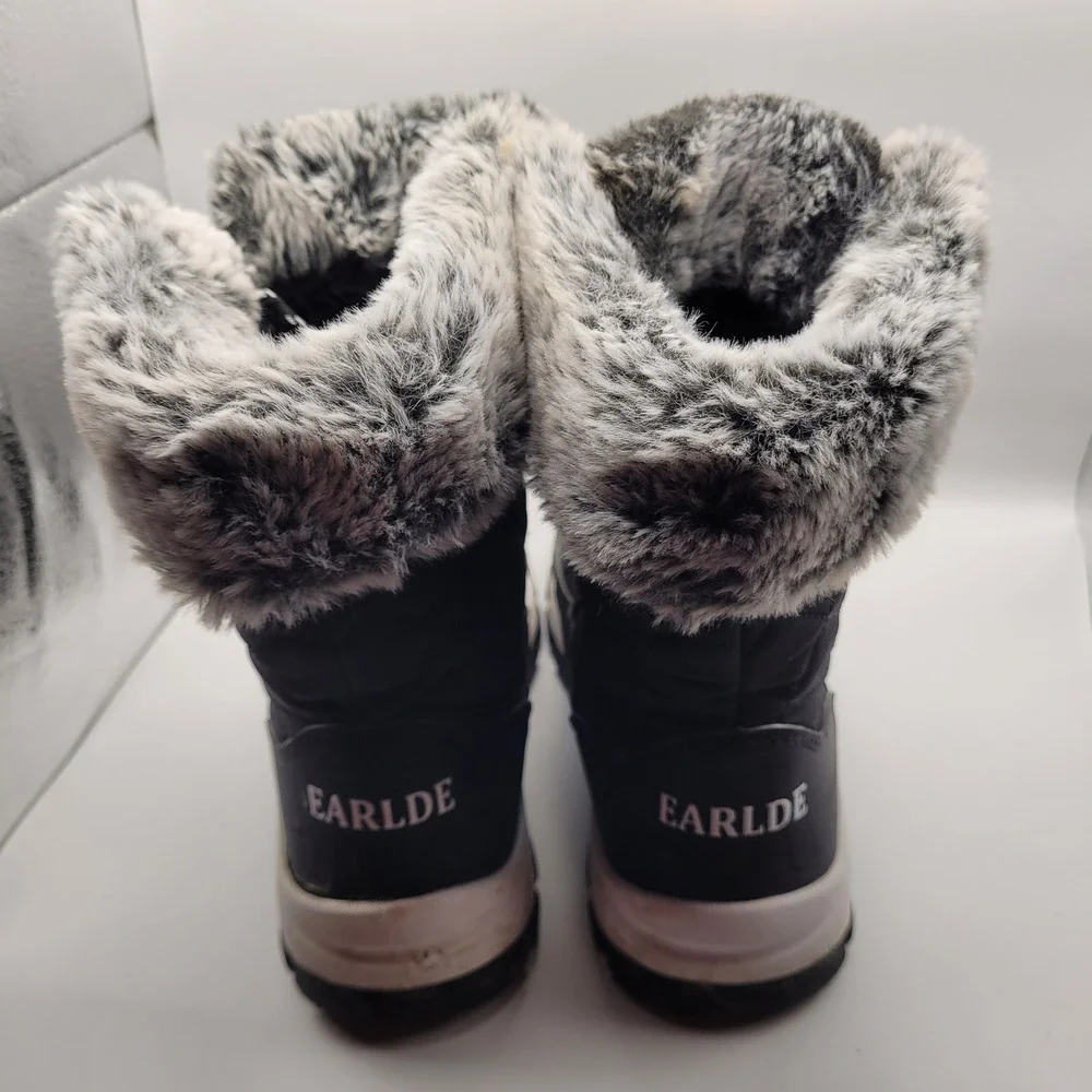 Earlde Mens Black Faux Fur Lined Winter Snow Boots Size 8 Lace Up Quilted Rugged